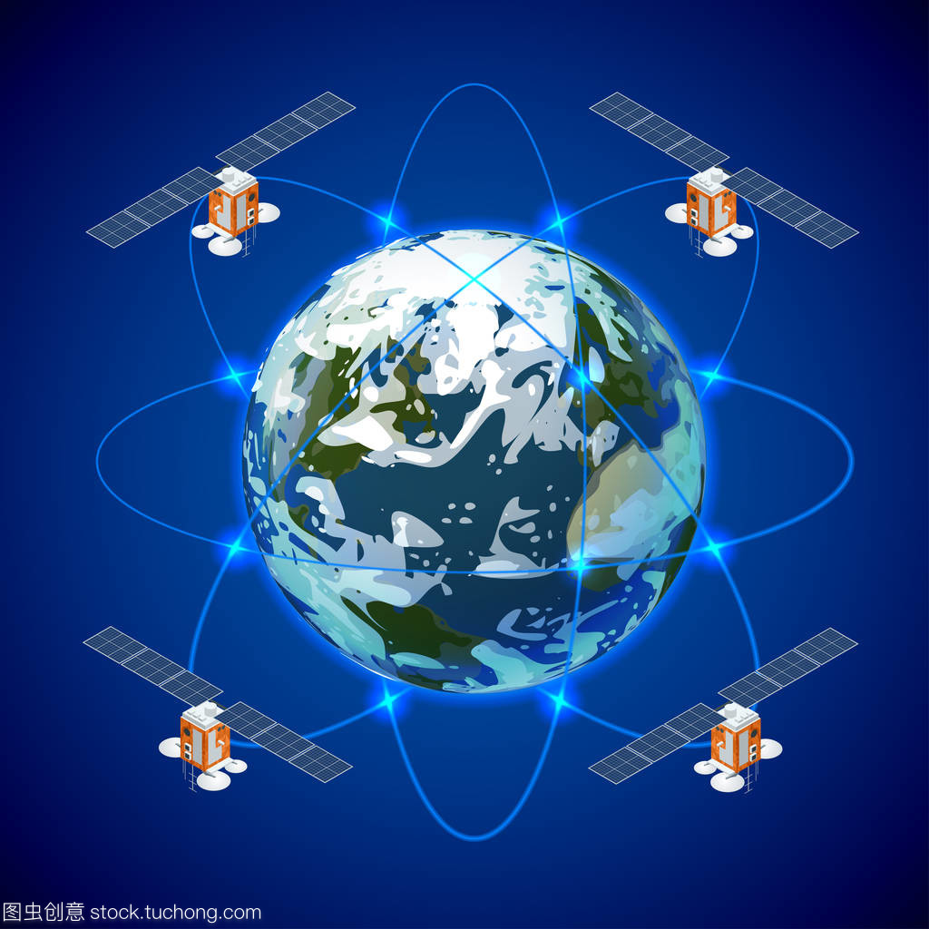 網(wǎng)絡(luò)和衛(wèi)星數(shù)據(jù)交換在行星地球在空間中。Gps 衛(wèi)星